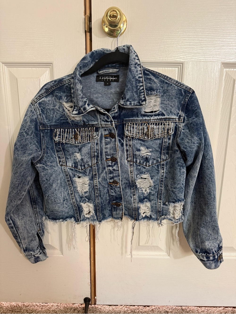 Thrill Jeans Distressed Cropped Denim Jacket Rhinestone Fringe Small